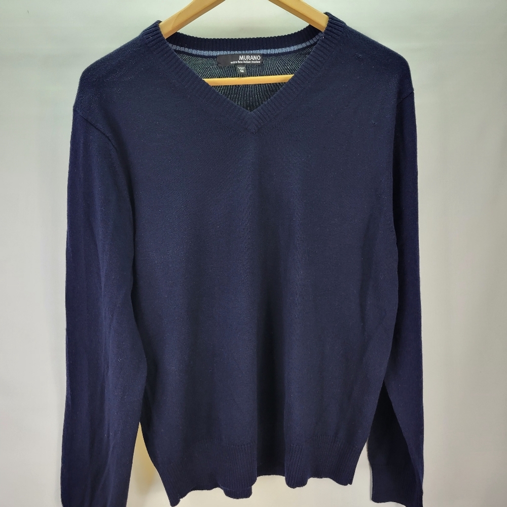Murano Extra Fine Italian Merino Wool Navy Multi-repairs on back Size Med V neck